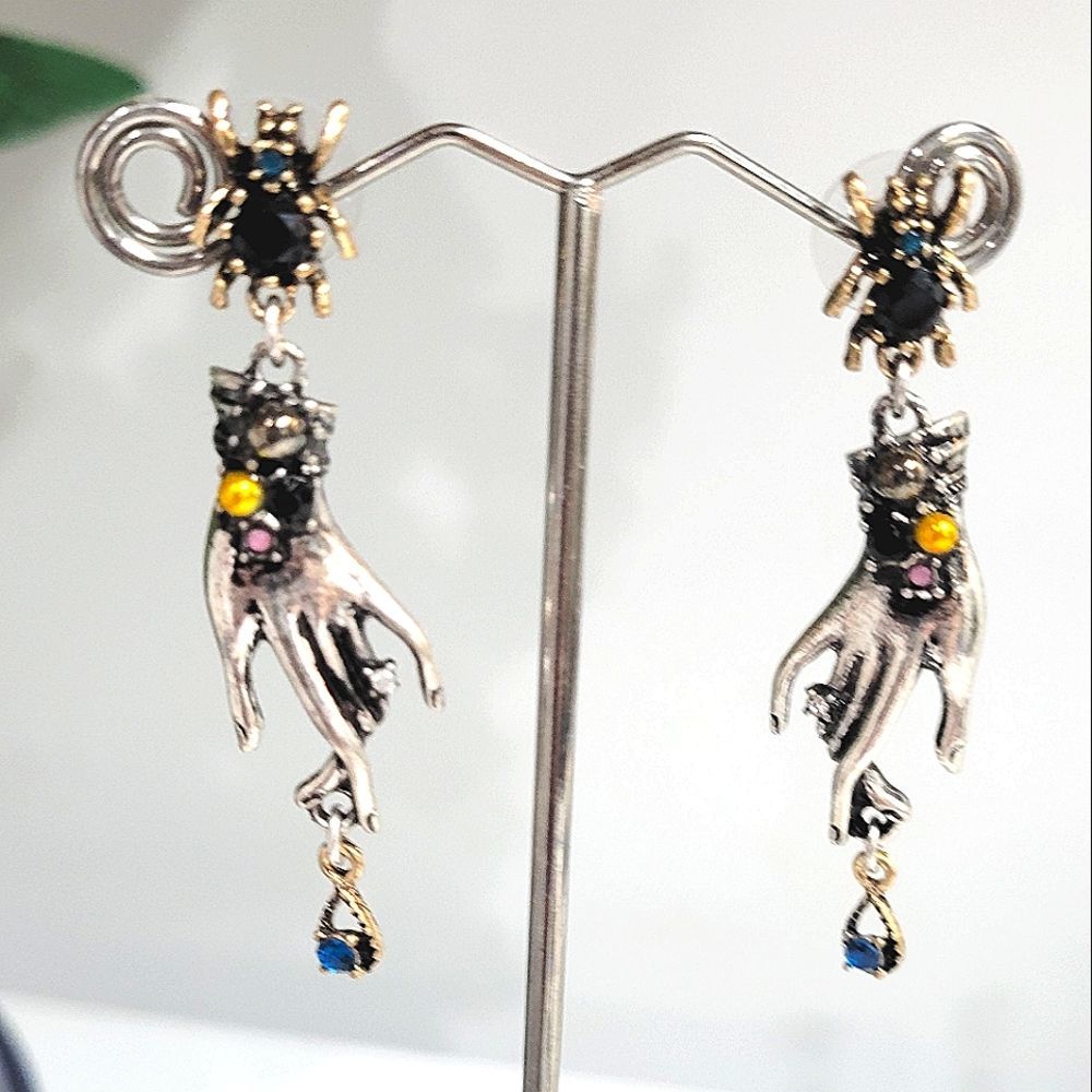 WITCHY EARRINGS Crystal spider w hand holding crystal. 3" drop Fortune Teller